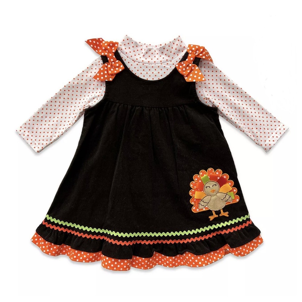 NEW Blueberi Boulevard Thanksgiving Turkey Jumper Dress Set Baby Girl 6-9M